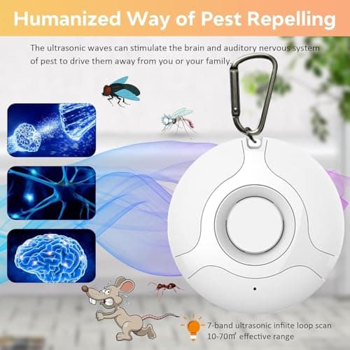 Ultrasonic Portable Pest Repeller, Ultrasonic Mosquito Repellent Device, Indoor/Outdoor Insect Repeller, USB-Charging Insect Repellent Device, Pendant Repeller for Fleas, Mosquitoes and Ticks - White — view 3
