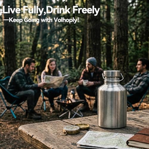 Volhoply 2000ml Big Stainless Steel Water Bottle with Handle,Non Insulated Single Wall Water Jug, No Plastic 18/8 304 Metal Water Bottles with Wide Mouth for Camping, Hikers — view 5
