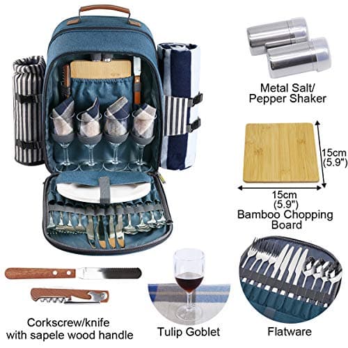 Sunflora 4 Person Insulated Picnic Backpack Rucksack with Blanket & Waterproof Pouch for Camping Picnic Hiking and BBQ (Blue & Stripe) — view 2