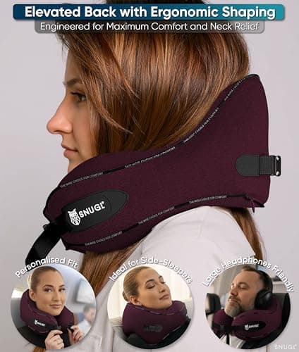 SNUGL Travel Pillow – Memory Foam Neck Pillow for Travel – Support Cushion for Airplane with Carry Bag & Clip - Holiday Essentials (Dark Red - Adult Small) — view 4