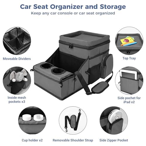 INFANZIA Car Seat Organizer, Backseat Van Organizer with Cup Holders for Car Front Passenger and Back Seat, Carseat Storages with Cooler Compartment for Kids and Adults for Toy, Snacks (Gray) — view 4