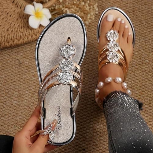 BFYSFBAIG Women's Sparkly Flip Flops with Diamante, Glitter Sandals for Women, Flat Thong Slide Mules for Summer Beach Pool Travel (Gold, Adult, Women, 6, Numeric, UK Footwear Size System, Medium) — view 3