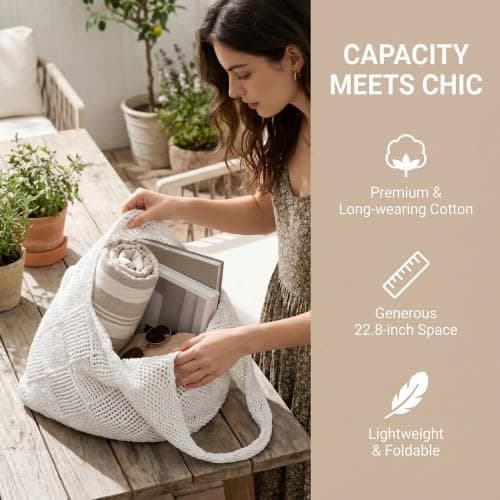 Solvio Crochet Beach Bag for Women, Retro Hollow Out Knit Bag, Mesh Tote Bag, Lightweight Woven Shoulder Handbag for Holiday Travel Shopping Daily Use (White) — view 6