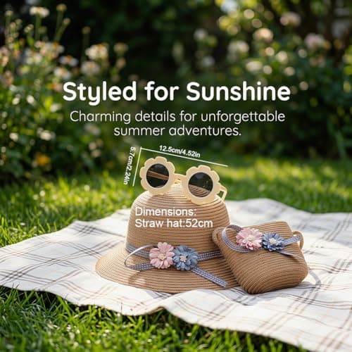Girls Straw Hat, Sun Hat Set Mini Straw Handbag and Sunglasses Summer Beach Straws Cap Crossbody Bag Sets Beach Straws Hats Summer Travel Accessories for Beach,Vacation,Outdoor Activities(Khaki) — view 2