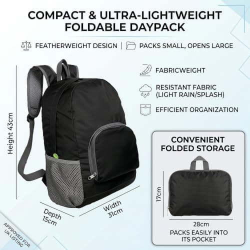 Yattuyix Foldable Backpack, 42×30.5×16cm Black Backpack for Travelling — view 2