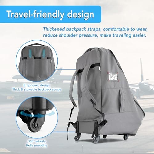 Jenen Jnzen Car Seat Travel Bag with Wheels Heavy Duty Water-Resistant Protective Cover for Airplane Travel & Rolling Design, Padded Handle,Padded Adjustable Strap (Grey) — view 5