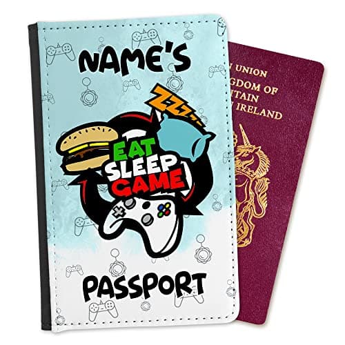 EnvyFone Personalised Passport Cover Holder - Boys Gamer Gift - Eat Sleep Game Repeat - Wallet Style with Card Slots - Travel Holiday Men's - Childen Kids - Gaming Design