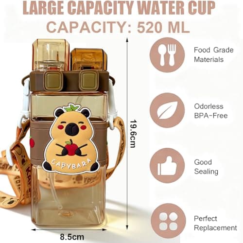 WFKKMEQ Capybara Water Bottle with Straw, Capybara Drinking Bottle Water Bottle Plastic Bottles with Straw Strap Double Drinking Leakproof Sports Bottles for Travel School (520ML) Animal Set — view 2