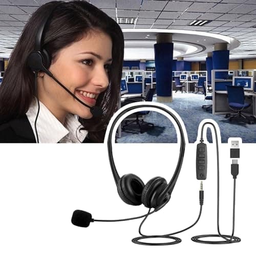 Universal Connection Headphones Noise Cancelling Microphone Over-Ear Double Hearing Ports for Work and Home USB C Adapter Headset with Mic Control — view 2