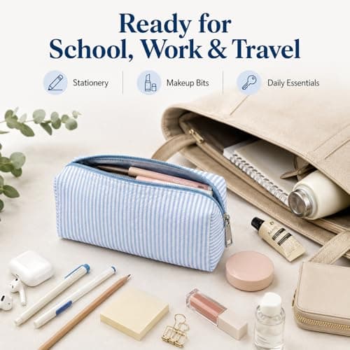 Large Capacity Striped Nylon Pencil Case for School & Travel - Lightweight Pen Pouch Holds Over 30 Pens, Cosmetic Makeup Bag & Stationery Organizer for Students, Professionals, Office & College — view 2