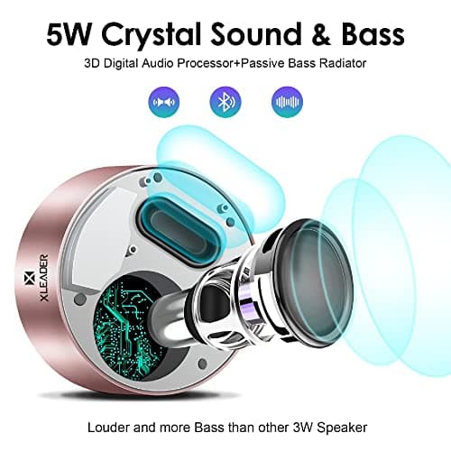 Xleader Mini Bluetooth Speaker (Travel Case Packed) with Aux input, Micro SD, Mic, Touch Design, Crystal Sound$Rich Bass, 12H Playtime, Small Portable, for iPhone Laptop Shower Office Gifts, Rose Gold — view 3