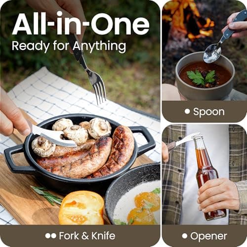 ORBLUE 4-in-1 Camping Cutlery Set 2-Pack – Stainless Steel Foldable Spoon Fork Knife Bottle Opener with Pouch – Portable Travel Cutlery & Camping Utensils for Hiking & Outdoor Use – Gray — view 2
