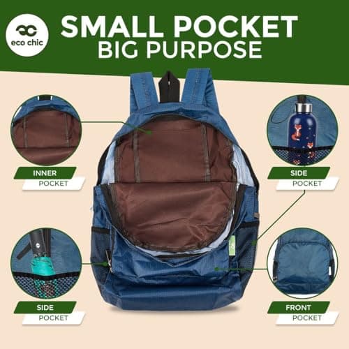 ECO CHIC Lightweight Foldable Water Resistant Backpack Rucksack Folds into Pouch for Storage (Floral Navy) — view 6