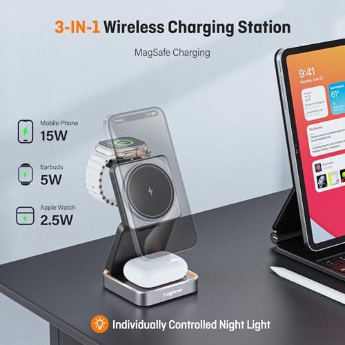 【2026 Upgraded】Magnetic Wireless Charger 3 in 1, Travel Foldable Wireless Charging Station with Night Light for Apple MagSafe Charger, Nightstand Fast 15W Charging Station (20W Adapter) — view 2