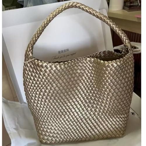 Dyalsa Women 2PCS Woven Tote Bag, Gold Leather Handbag Large Summer Beach Bag and Purse Handmade Hobo Bag Clutch Bag Set AL-010GD — view 6