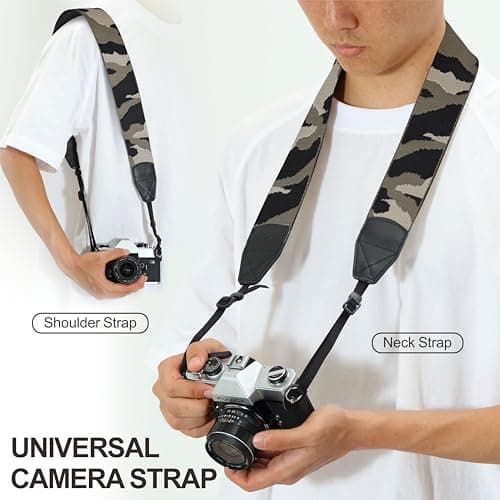 Padwa Lifestyle Camouflage Camera Strap - 2" Retro Cotton Camera Straps for Photographers,Adjustable Wide Camera Neck/Shoulder Strap with Genuine Leather Head for All DSLR/SLR Digital Cameras — view 4