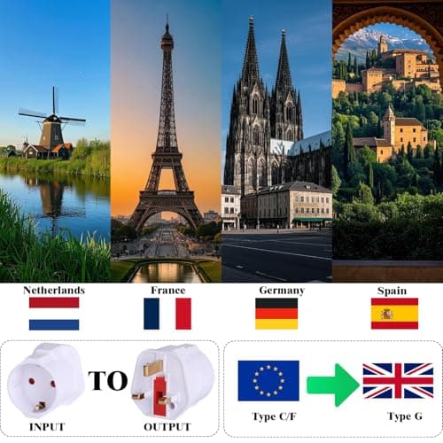 2 Pack EU to UK Plug Adapter, European to UK Plug Adaptor 2 Pin To 3 Pin Plug Adapter, European Adapter, Type C/E/F Europe Germany France Spain to British Type G, Black (White) — view 2