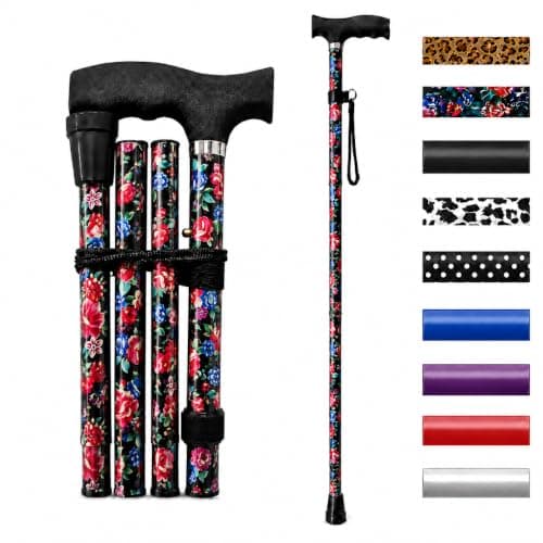 Life Healthcare Folding Walking Stick, Adjustable Aluminium, Black Floral