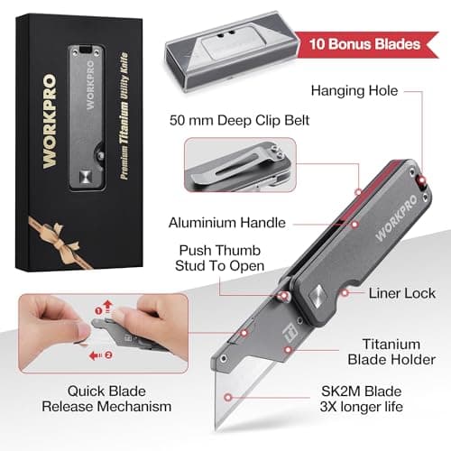 WORKPRO Titanium Folding Utility Knife with 10 SK2M Double-Edged Blades — view 3