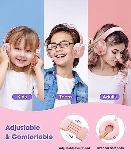 KONNAO Kids Headphones Wireless 60H, Foldable On Ear Headphone with MIC, Volume Limiter 85dB/94dB Wireless & Wired Headphones, Over-Ear Headphone for Kid Adult School Online Class Travel, Pink — view 6