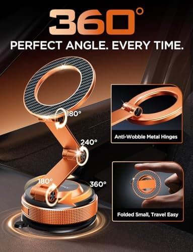 MSXTTLY Car Phone Holder Magnetic– Vmag S3 Phone Holder for Cars with Strong Magnets & Dual Long Arm, Compatible with iPhone 17 Pro Max 16 15 14 13 12 Plus & Android (with Magnetic Ring),Orange — view 3