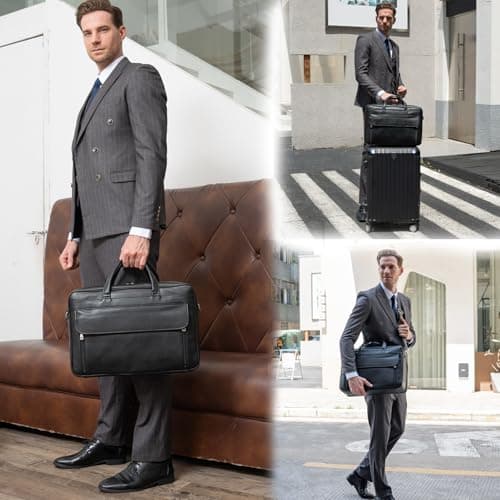 TIDING Full Grain Leather Men's Briefcase 15.6'',17.3 Inch Laptop Bag — view 2