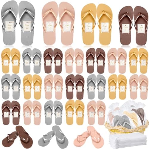 Unittype 24 Pairs Flip Flops Bulk for Wedding Guest Slippers Wedding Flip Flops with Cards Bags for Pool Beach Party, Brown, Rose Gold, Gold, Gray, S,M,L,XL