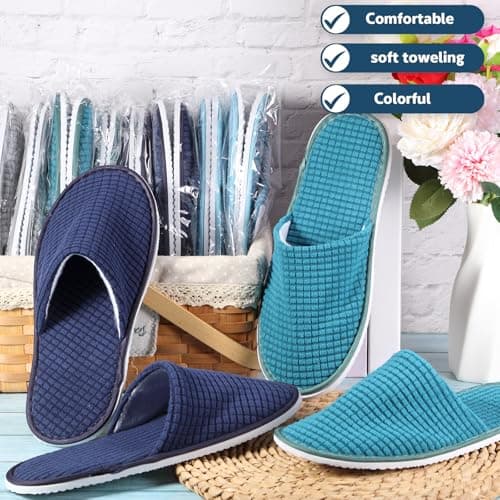 Geyoga 12 Pairs Slippers for Guests, Non-Slip Disposable Slippers for Travel, Washable, Reusable, Hotel Slippers, Bridesmaid Slippers for Indoor, Spa, Wedding, Party, Blue Series, Medium — view 2