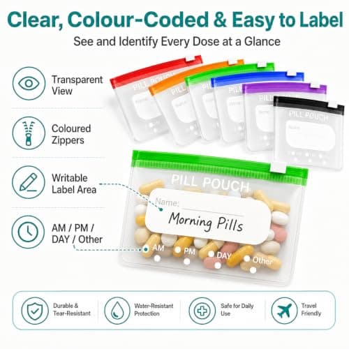 A8 Waterproof Pill Organiser Set with 14 Colour-Coded Pill Pouches, 7–14 Day Travel Medicine Organiser, Weekly Tablet Organizer Case with Reusable Binder Design for Vitamins, Supplements, Daily Use — view 5