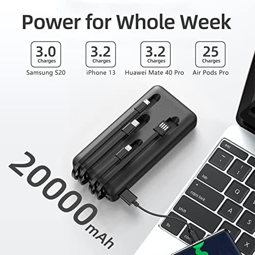 Power Bank 20000mAh, Portable Charger with Built-in Cables, USB C Powerbank 4 Outputs & Flashlight, External Battery Pack for iPhone/iPad/Samsung,Tablet — view 4
