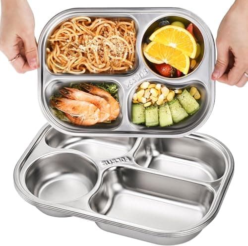 DEAYOU 4-Pack 18/10 Stainless Steel Divided Plates, 4 Sections Samll Platter Compartment Tray, Portion Control Plate with Divider, Mess Food Sectioned Tray for Cafeteria — view 3