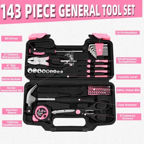 HANGYING 143 Piece Pink Home Repair Tool Kit for Women with Storage Case — view 3