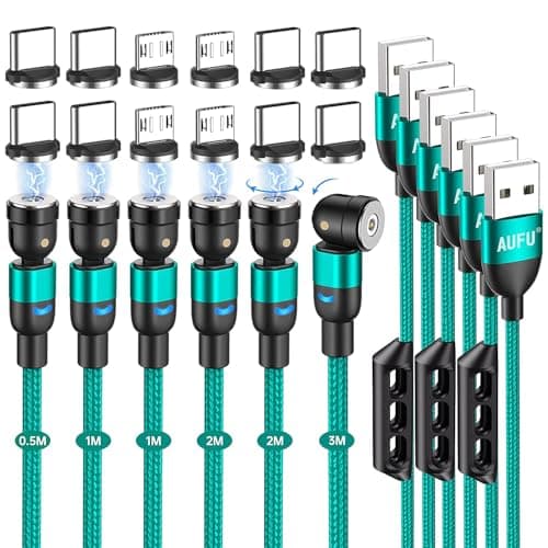 AUFU Magnetic Charging Cable, Magnetic Charger Cable 6 Pack [0.5m/1m/2m/3m], USB C 360° and 180° Rotatable With Micro/Type C for Smartphone