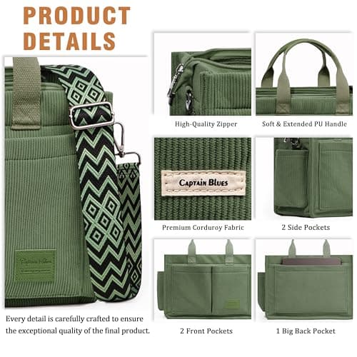 Captain Blues Corduroy Tote Bag for Women with Zipper, Large Capacity Work Bags Shoulder Handbag for School, Travel, College, Teacher with Adjustable Strap & Pockets (Green) — view 5