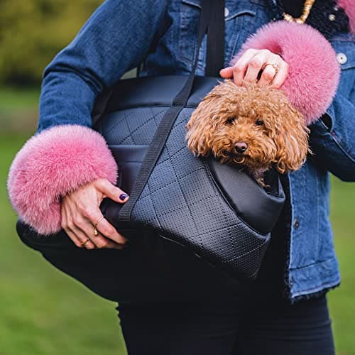 Premium Pet Carrier Bag for Dogs & Cats, Faux Leather Shoulder Travel Bag with Elastic Safety Strap and Carabiner, Up to 12 kg, Metallic Black Size L, 47 x 29 x 28 cm — view 6