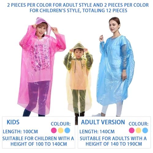 MUNSKT 12 Pack Disposable Rain Ponchos for Adults & Kids, Waterproof Clear Plastic Poncho with Hood, Lightweight Emergency Ponchos for Family Travel, Hiking, Festivals — view 4