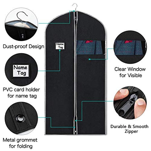 URMI Suit Bag, Breathable 60 x 100cm (5 PCS) Garment Bags Clothes Bags for Storage with Clear Window Dust Moth Proof Dress Bags Protector for Suit, Coat, Jacket, Dress Closet Storage Black — view 3