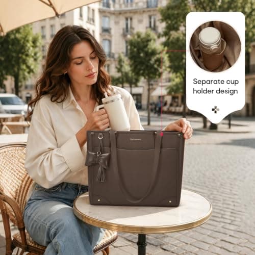 RAINSMORE Tote Bags for Women Large Handbag with 14 inch Laptop Coffee — view 6