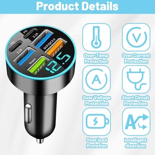6 in 1 Cigarette Lighter USB Charger, 6 Ports 30W Super Car Fast Charger with LED Voltmeter, 12/24V Car Lighter Adapter for iPhone Android Samsung Galaxy iPad — view 3