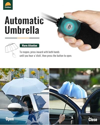 Chakipee Compact Travel Umbrella Large Storm Resistant - Automatic Pocket Umbrella for Men and Women, Portable 210T Fabric 97 cm Span 8 Ribs Umbrella, Sky blue2 — view 2