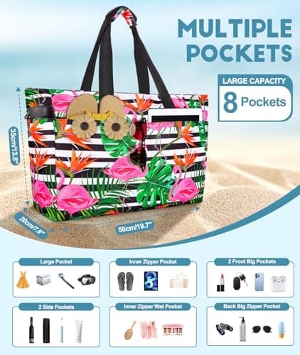 ISEYOU Extra Large Beach Bag, Waterproof Beach Bags with Zip, Lightweight Foldable Beach Tote Bags, Large Capacity Multi-Pocket Beach Bags for Women, Perfect for Pool Shopping Travel Vacation Gym — view 3
