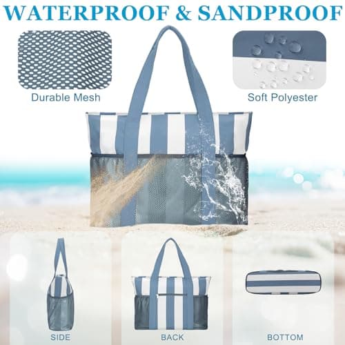 VASCHY Beach Bag for Women, Foldable Waterproof Sandproof Beach Tote with Zipper/Mesh Pockets for Vocation/Cruise/Gym/Travel Stripped Blue White — view 3