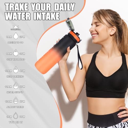 Gobravio Water Bottle 1L BPA Free Sports Drink Bottle Dishwasher Safe Canteen Bottle Leakproof Motivational Water Bottle with Time Markings — view 5