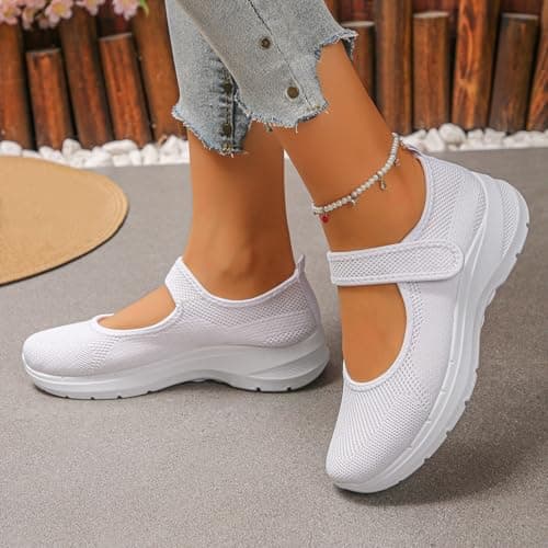 Mary Jane Sneakers for Women Wide Fit Orthopedic Trainers Walking Breathable Adjustable Strap Anti Slip Summer Casual Ladies Outdoor Sport Shoes (White 5.5 UK/Foot Length 24.5cm) — view 4