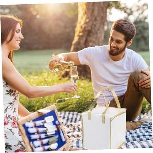 RUNROTOO Insulated Cake Packing Bag 10-inch Heightened White with Gold Trim Thermal Food Storage Bag Portable Handheld Pizza Package and Fresh Food Cooler for Home and Travel — view 4
