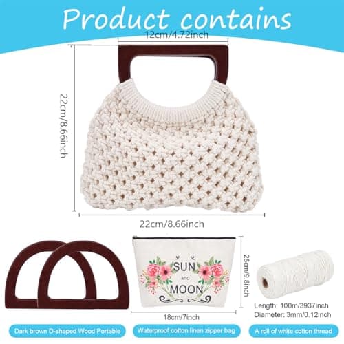 WEBEEDY Macrame Bag DIY Kit for Adults Beginners Macrame Purse Kit for Women Boho Macrame Handbag with 100m Macrame Cord, Wooden Handle, DIY Bag Making Crafts Supplies for Mother's Day Beach Trips — view 2