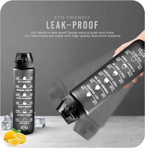 Roe Tenpo Water Bottle 1L, Sports Water Bottle with Time Markings, BPA-Free, Leak-Proof Drinks Bottle, Perfect for Running, Cycling, Gym, Yoga, Camping and Outdoor Activities, Black — view 3
