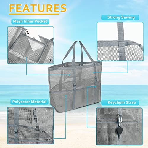 SRISE Mesh beach bag - Large beach tote bag for family beach bag for toys & vacation Essential, Grey, L, Modern — view 3