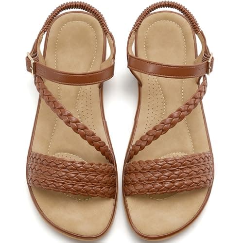Women’s Dressy Flat Sandals, Strappy Open Toe Low Flat Sole Summer Shoes - Casual Walking Sandals for Vacation Wedding Guest Office Evening Travel Beach Resort Daily Outdoor Wear (Brown,6.5)