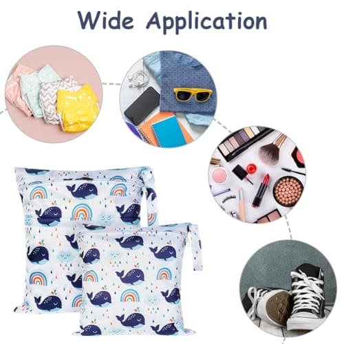 Vicloon Wet Bag, 2 PCS Baby Cloth Nappy Wet Bags, Nappy Bags with Double Zipper Pockets, Waterproof Reusable Washable Cloth Diaper Bags for Babies Swimming Camping Travel Gym Beach - Whale — view 4